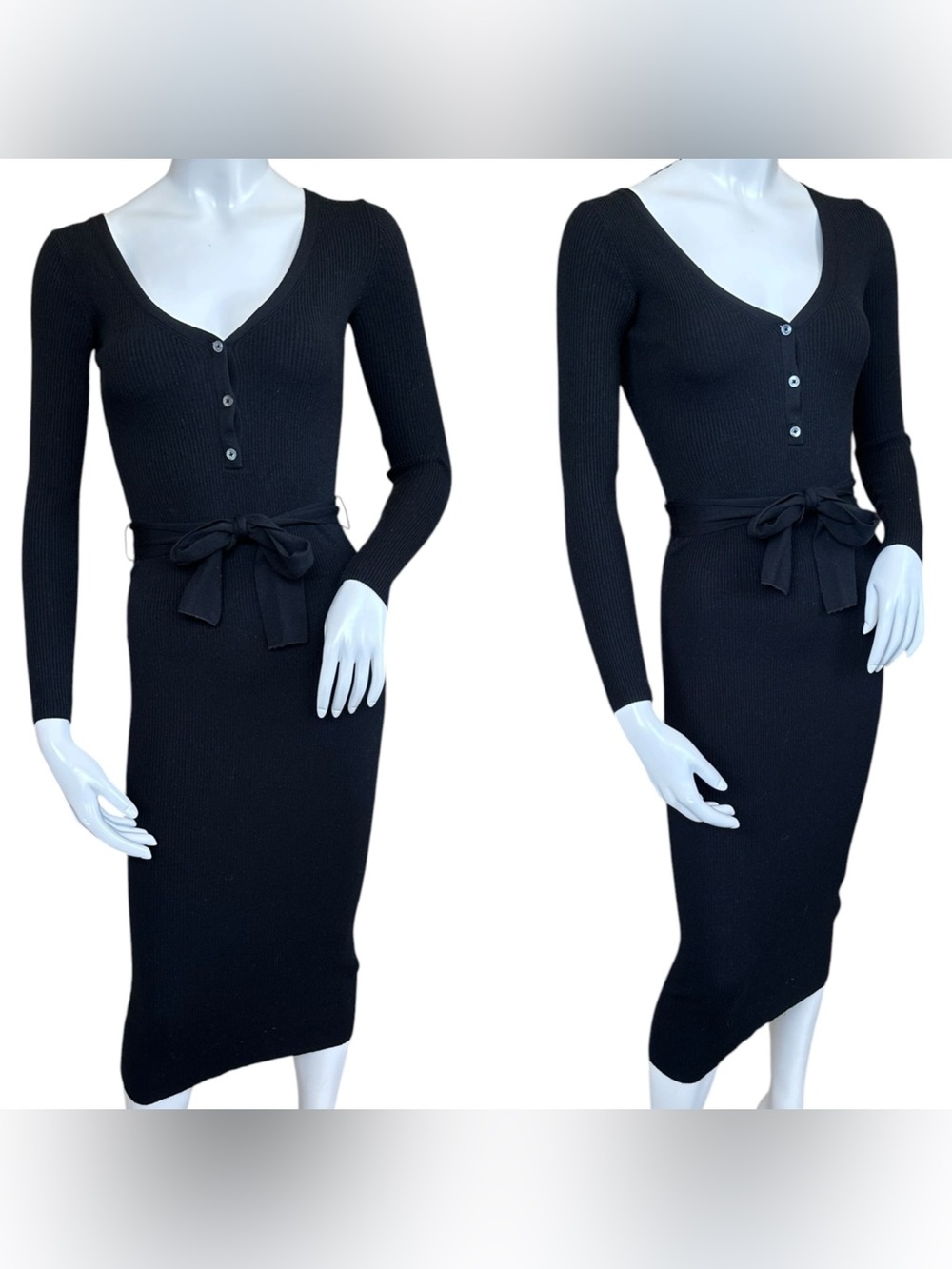 The Group By Babaton Black Merino Wool Blend Belted Henley Sweater Dress Size XS
